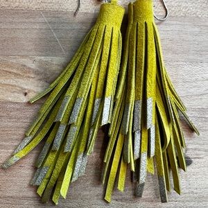 Chartreuse and silver leather fringe earrings